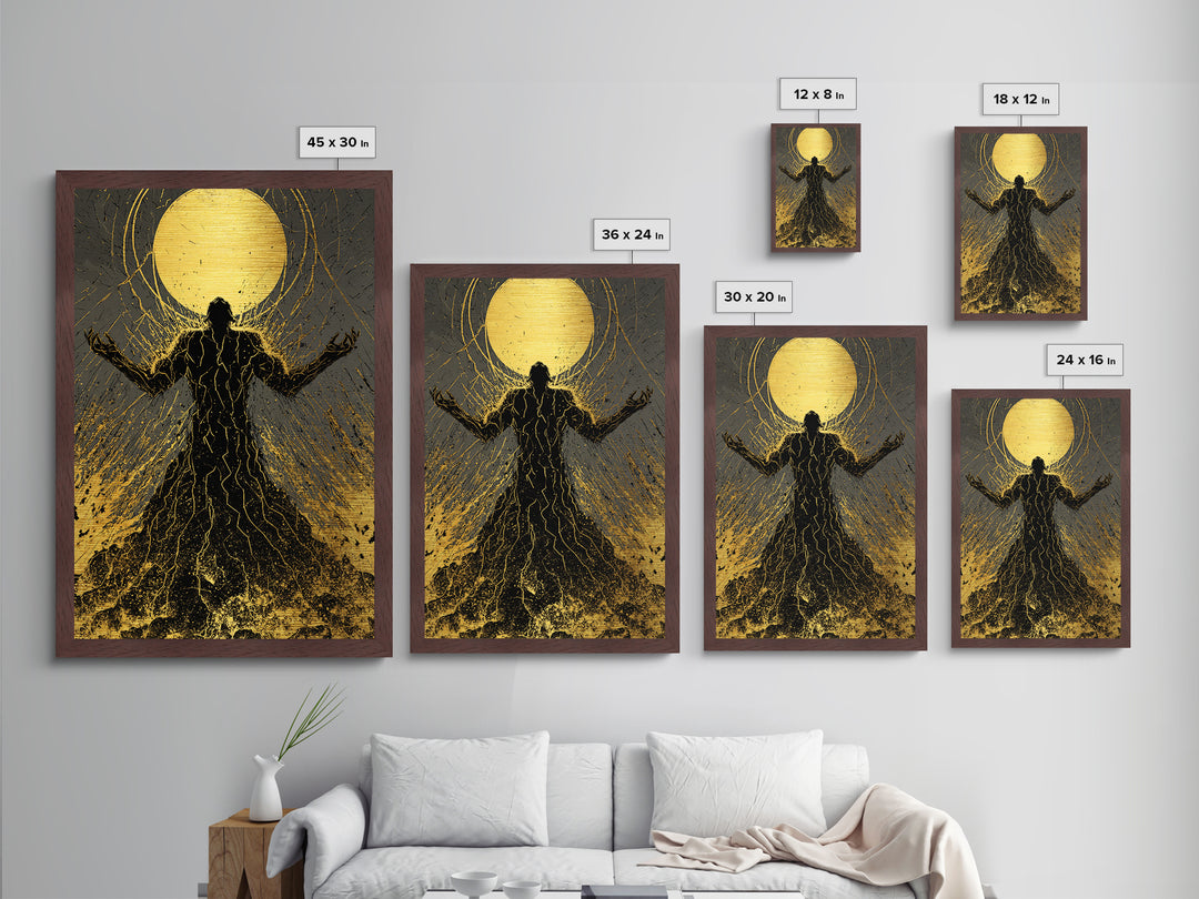 Cosmic Ascension Metallic Gold Metal Print, Abstract Silhouette Moon Art, Spiritual Mythology Decor With Real Wood Frame