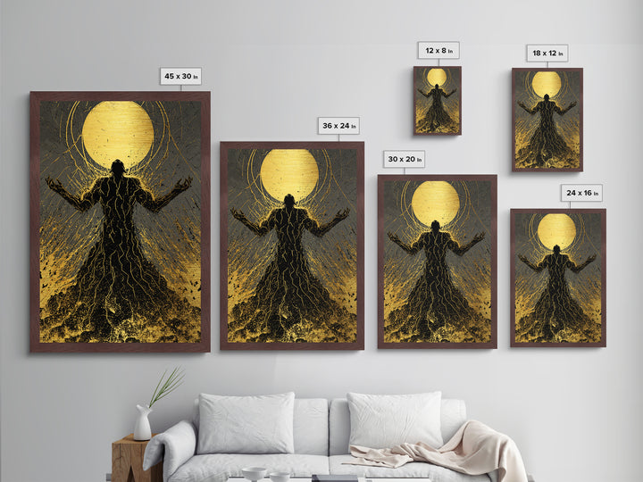 Cosmic Ascension Metallic Gold Metal Print, Abstract Silhouette Moon Art, Spiritual Mythology Decor With Real Wood Frame