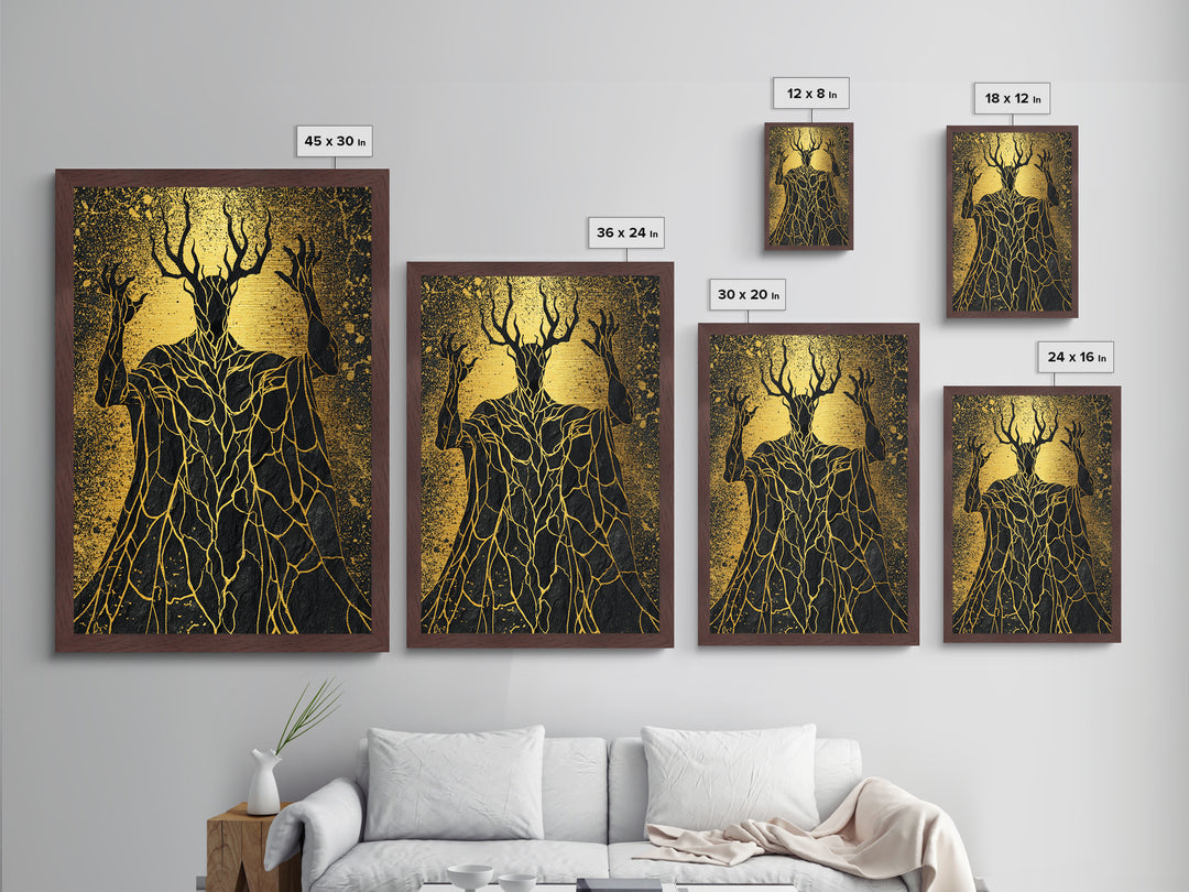Antlered Mythical Deity Metallic Gold Metal Print, Fantasy Abstract Wall Art, Mystical Surreal Figure, Real Wood Frame