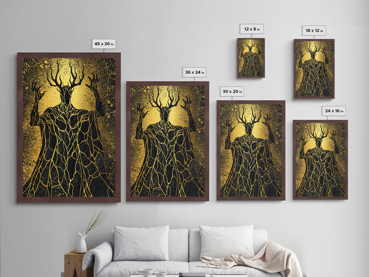 Antlered Mythical Deity Metallic Gold Metal Print, Fantasy Abstract Wall Art, Mystical Surreal Figure, Real Wood Frame