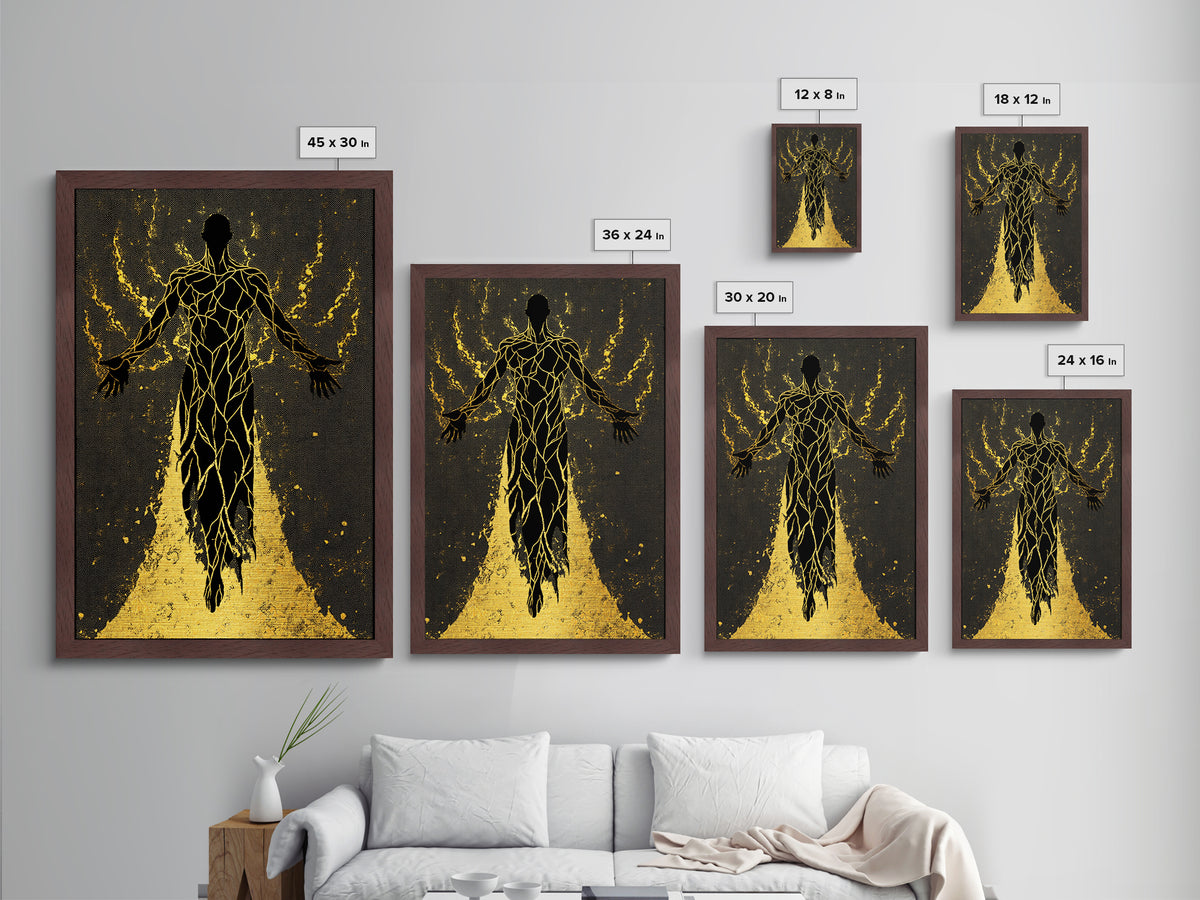 Radiant Ascension Metallic Gold Metal Print, Mythological Abstract Silhouette, Celestial Fantasy Wall Art, Real Wood Frame