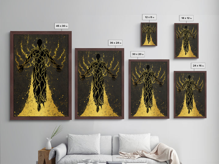 Radiant Ascension Metallic Gold Metal Print, Mythological Abstract Silhouette, Celestial Fantasy Wall Art, Real Wood Frame