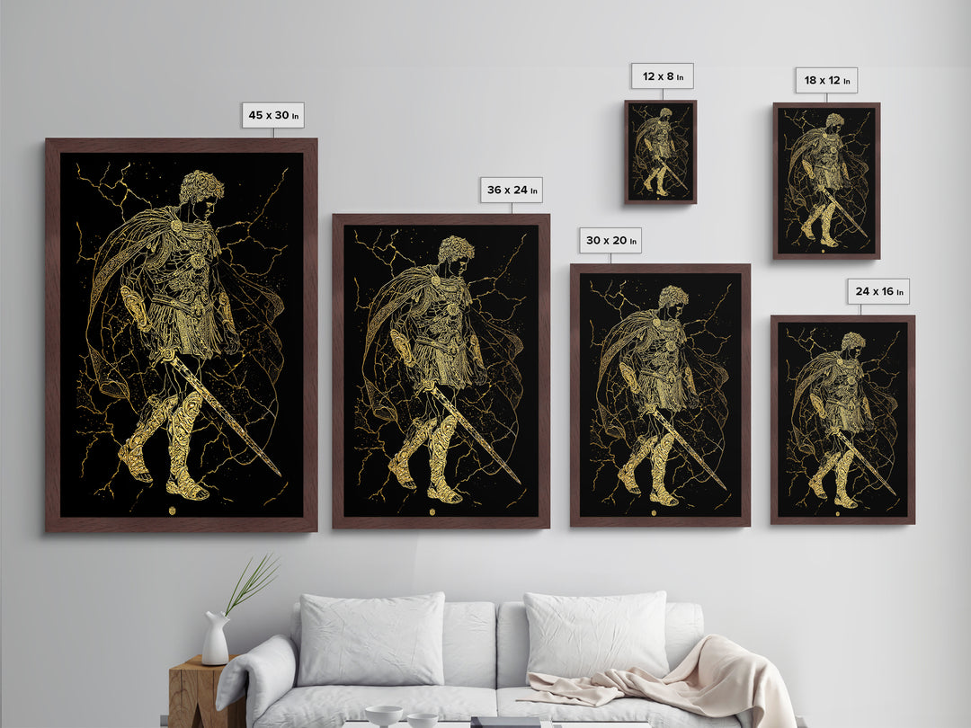 Roman Warrior Hero Metallic Gold Metal Print, Ancient Gladiator Wall Art, Mythological Soldier Decor, Real Wood Frame
