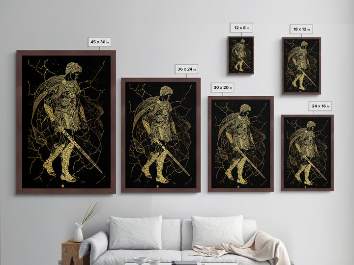 Roman Warrior Hero Metallic Gold Metal Print, Ancient Gladiator Wall Art, Mythological Soldier Decor, Real Wood Frame