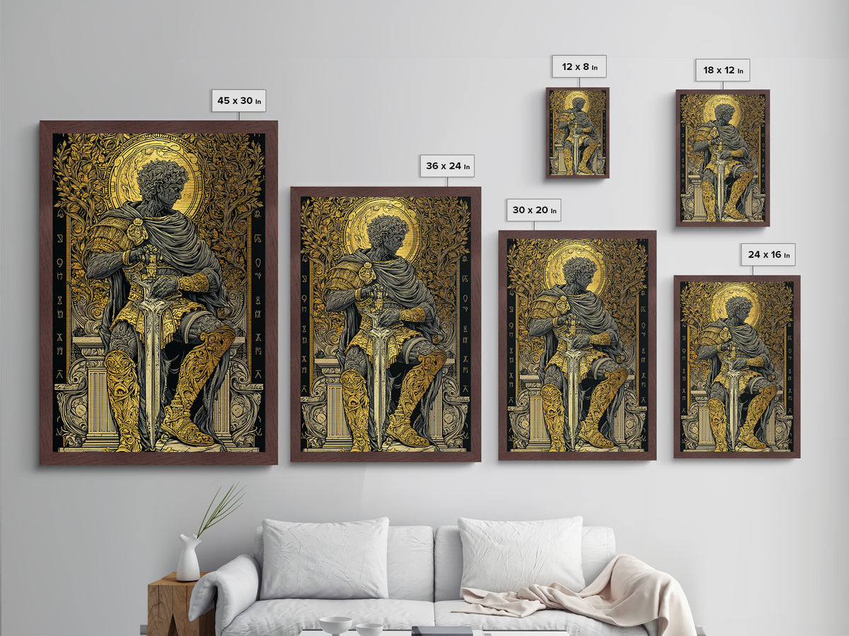 Seated Roman King Metallic Gold Metal Print, Ancient Emperor Wall Art, Regal Mythological Decor, Real Wood Frame