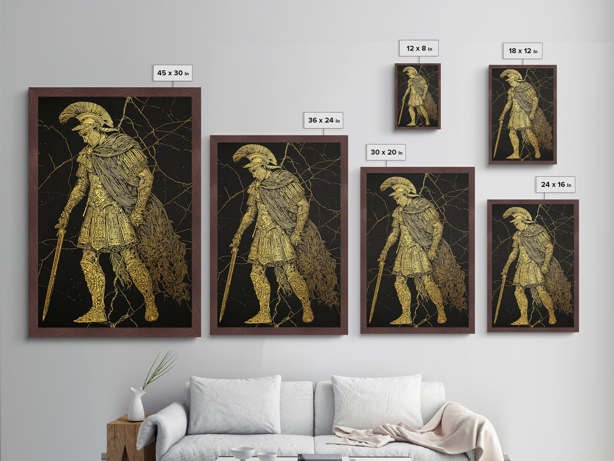 Mythical Roman Soldier Metallic Gold Metal Print, Ancient Gladiator Wall Art, Warrior Decorative Art, Real Wood Frame
