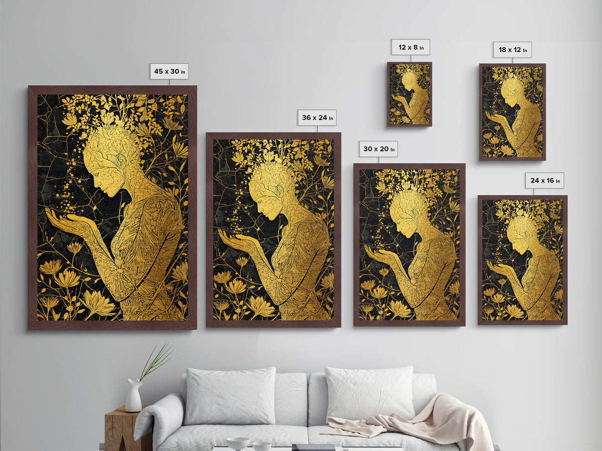 Floral Spirit Goddess Metallic Gold Metal Print, Botanical Mythological Wall Art, Feminine Divine Decor, Real Wood Frame