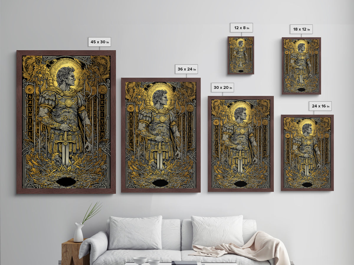 Roman Warrior Holding Sword, Metallic Gold Metal Print, Ancient Soldier Artwork, Mythology Wall Art, Real Wood Frame