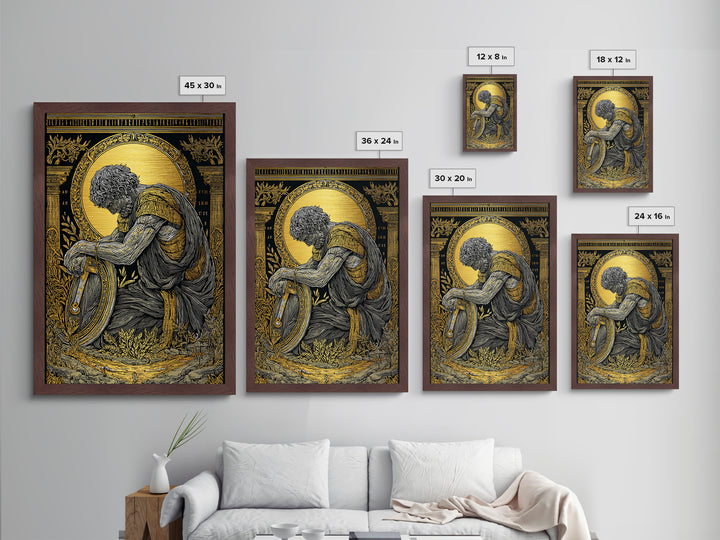 Kneeling Roman Soldier With Shield, Metallic Gold Art, Mythology Inspired Print, Ancient History Wall Decor, Real Wood Frame