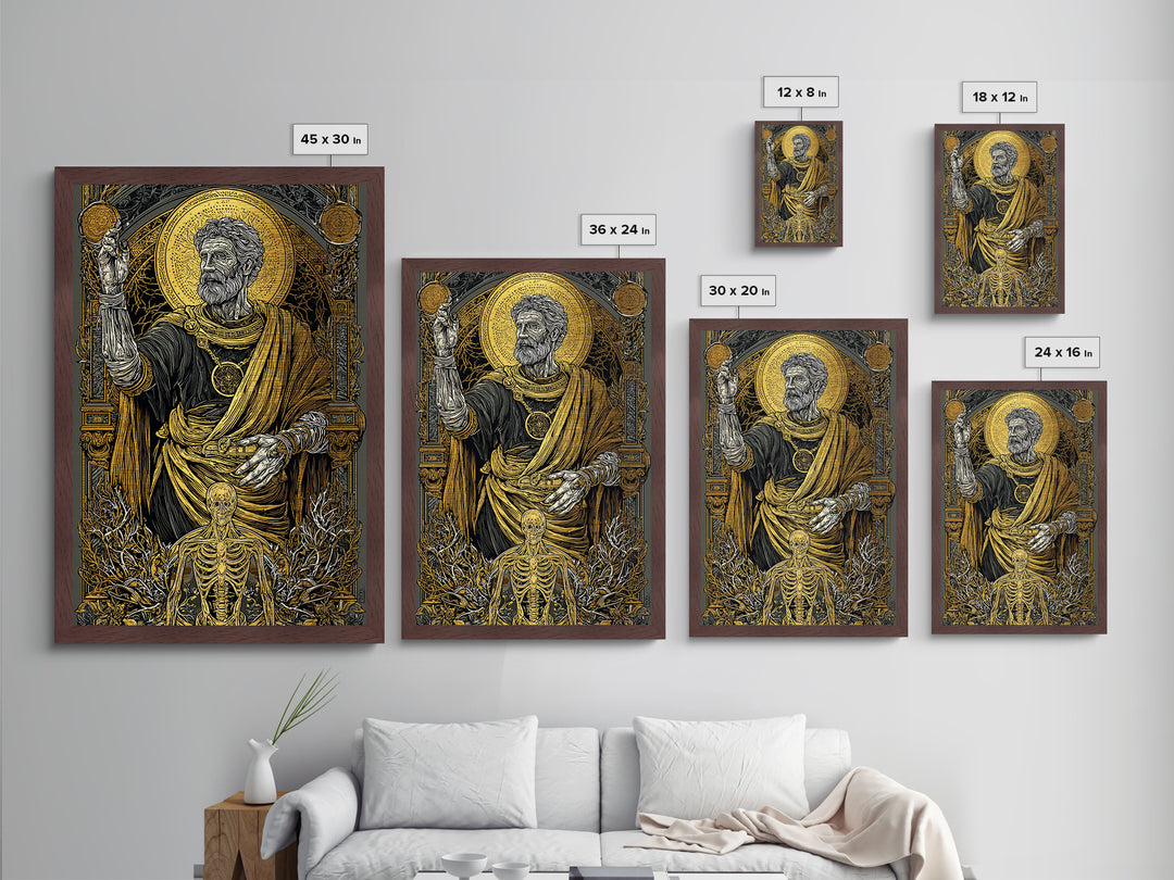 Ancient Philosopher With Skeleton, Metallic Gold Metal Print, Mythology Wall Art, Classical History Artwork, Real Wood Frame