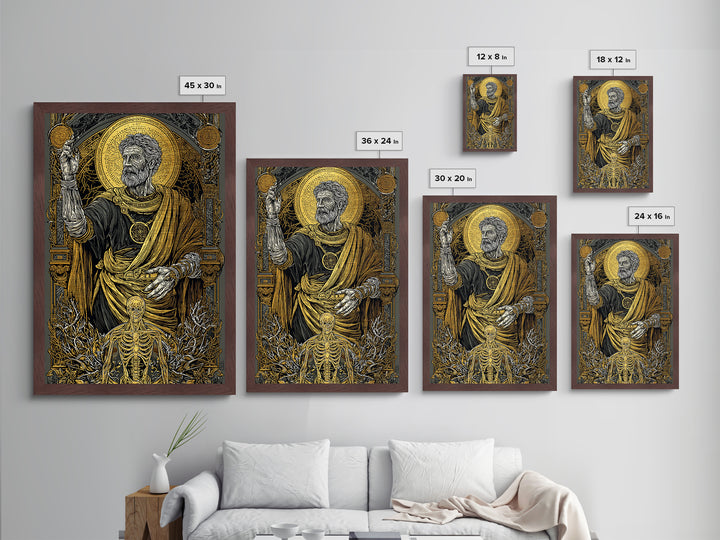 Ancient Philosopher With Skeleton, Metallic Gold Metal Print, Mythology Wall Art, Classical History Artwork, Real Wood Frame