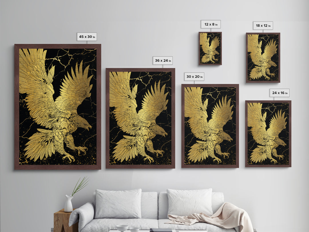 Majestic Eagle In Flight, Metallic Gold Art, Mythology Inspired Bird Print, Ancient Symbol Wall Decor, Luxury Real Wood Frame