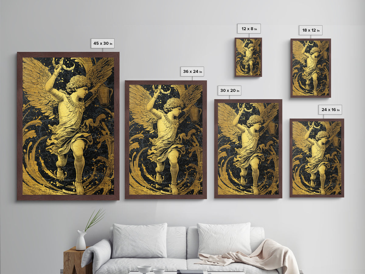 Winged Angel With Water Vessel, Metallic Gold Metal Print, Mythology Inspired Artwork, Ancient Classical Decor, Real Wood Frame