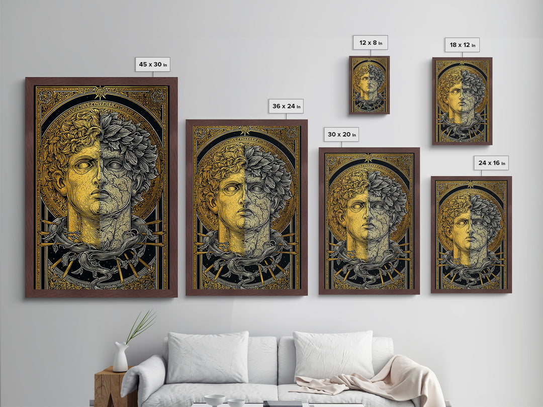 Dual Faced Mythological Bust, Metallic Gold Metal Print, Ancient Symbolic Artwork, Mythology Inspired Wall Decor, Real Wood Frame