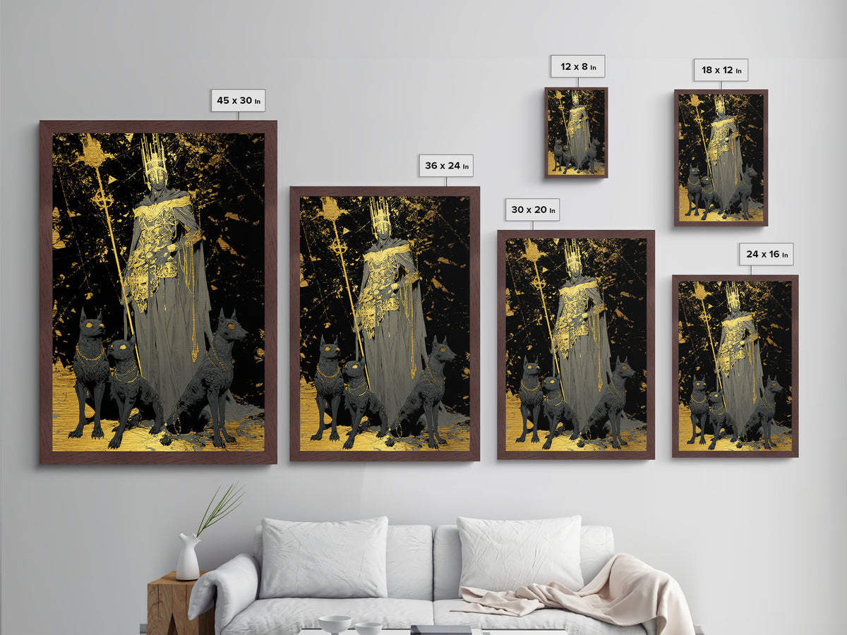 Dark King With Hounds, Metallic Gold Art, Mythology Inspired Metal Print, Ancient Underworld Wall Artwork, Real Wood Frame