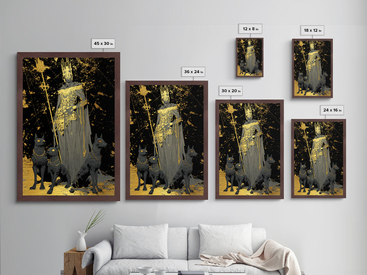 Dark King With Hounds, Metallic Gold Art, Mythology Inspired Metal Print, Ancient Underworld Wall Artwork, Real Wood Frame