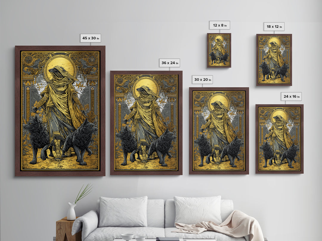 Hooded Deity With Wolves, Metallic Gold Metal Print, Mythology Inspired Artwork, Ancient Symbolic Wall Decor, Real Wood Frame