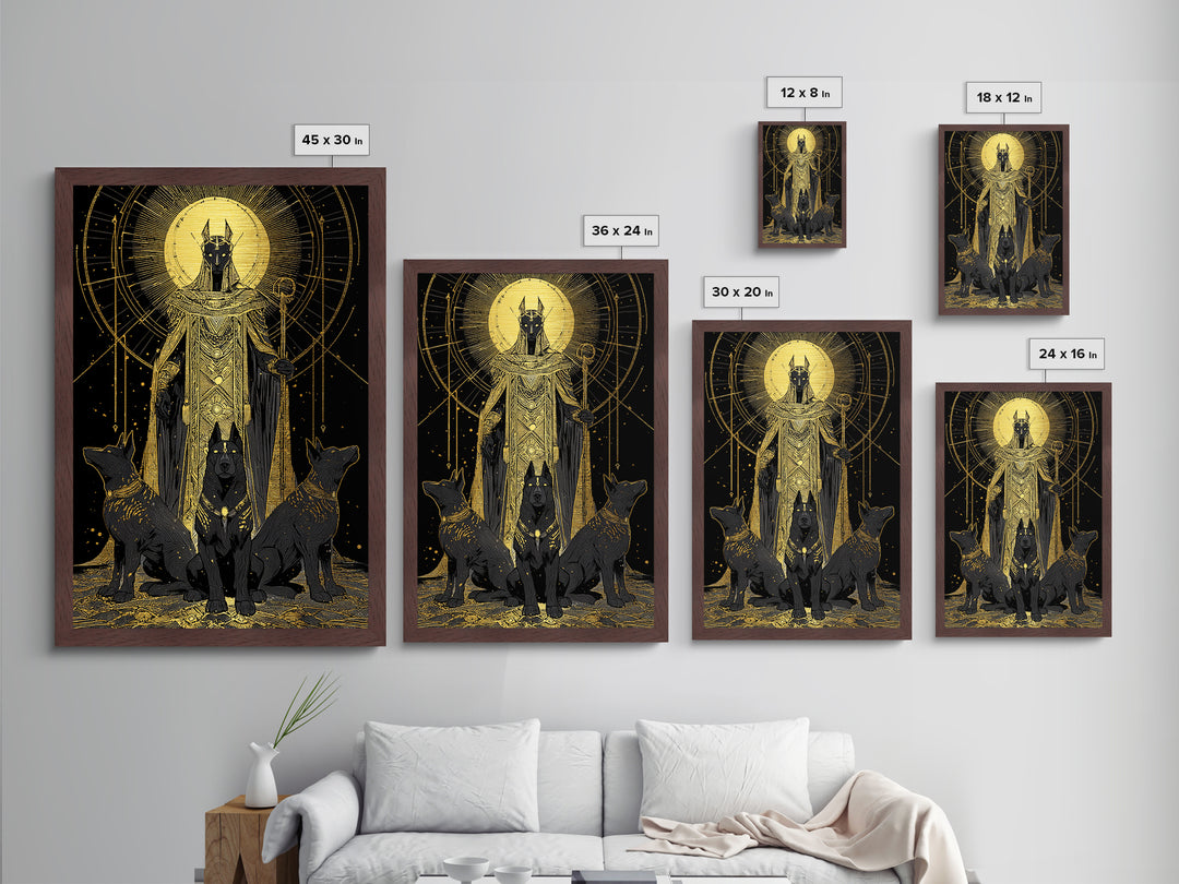 Anubis With Sacred Hounds, Metallic Gold Art, Mythology Inspired Metal Print, Egyptian God Wall Artwork, Real Wood Frame