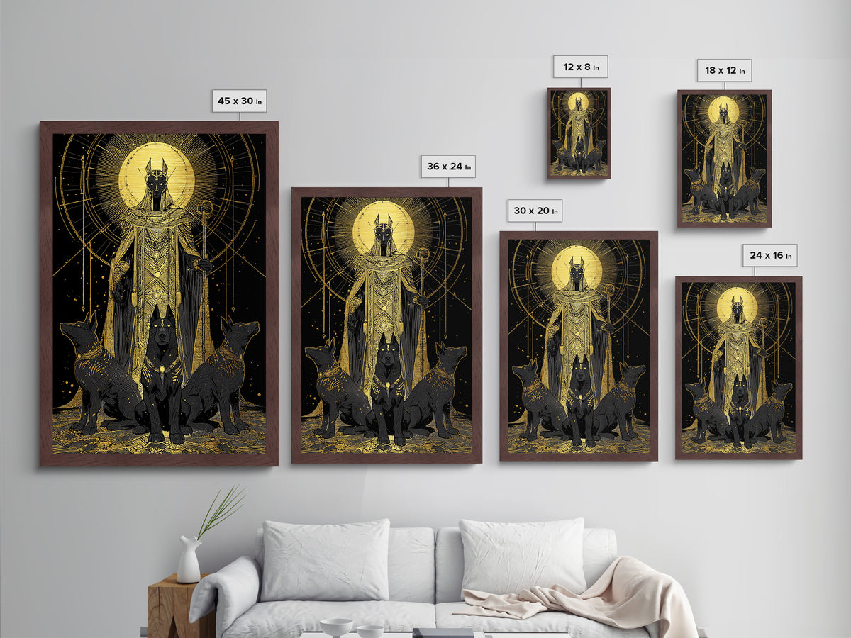 Anubis With Sacred Hounds, Metallic Gold Art, Mythology Inspired Metal Print, Egyptian God Wall Artwork, Real Wood Frame