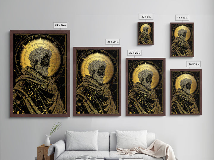 Ancient Philosopher Bust Metallic Gold Metal Print, Greek Portrait Wall Art, Regal Mythology Decor, Real Wood Frame