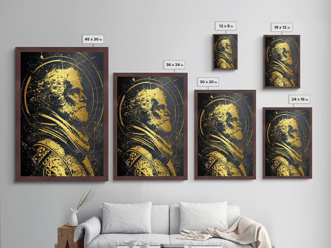 Stoic Elder Portrait Metallic Gold Metal Print, Greek Philosopher Wall Art, Abstract Ancient Decor, Real Wood Frame