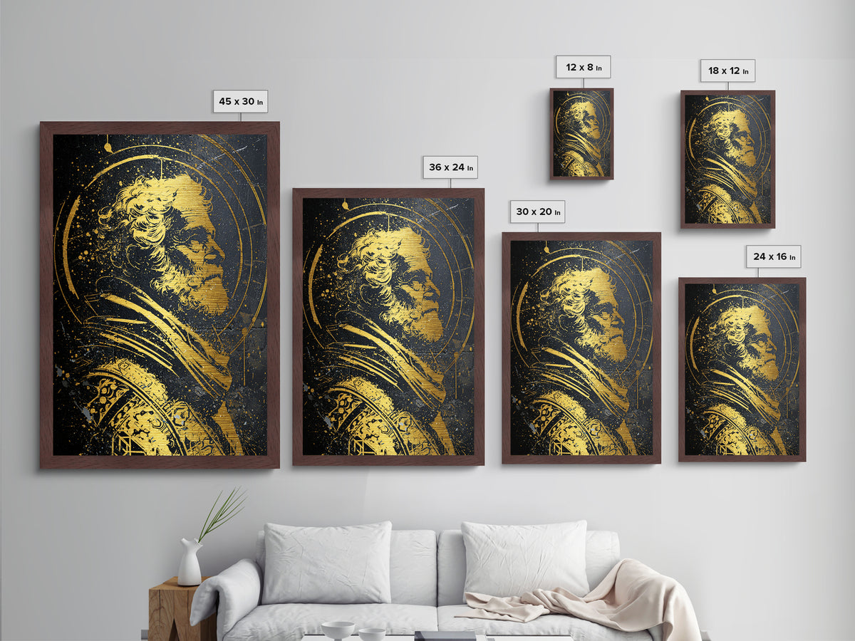 Stoic Elder Portrait Metallic Gold Metal Print, Greek Philosopher Wall Art, Abstract Ancient Decor, Real Wood Frame