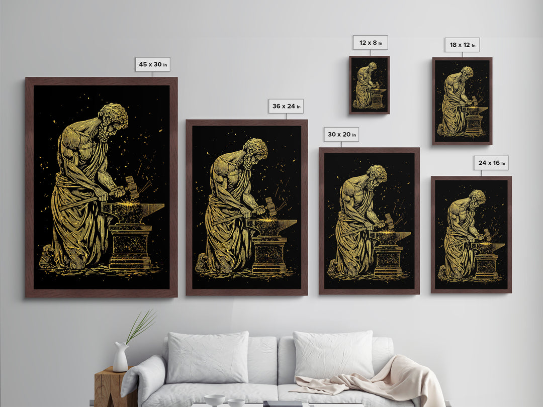 Hephaestus At Forge Metallic Gold Metal Print, Greek God Blacksmith Art, Strong Mythology Wall Decor, Real Wood Frame
