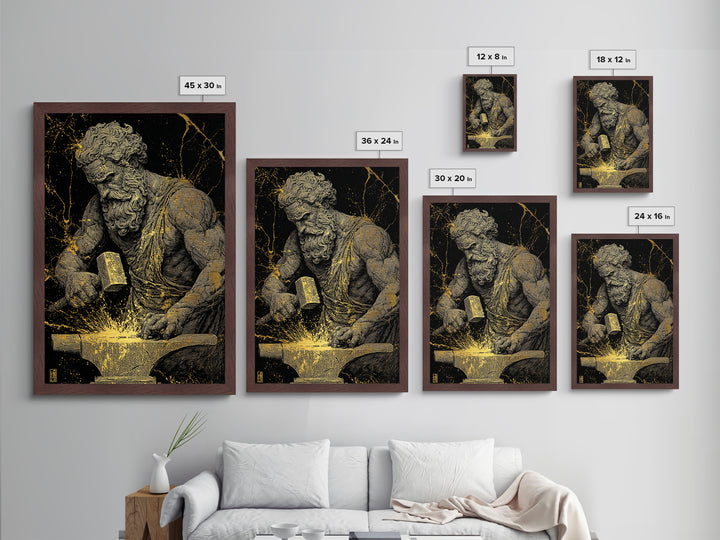 Greek God At Anvil Metallic Gold Metal Print, Mythological Hephaestus Art, Classic Blacksmith Wall Decor, Real Wood Frame