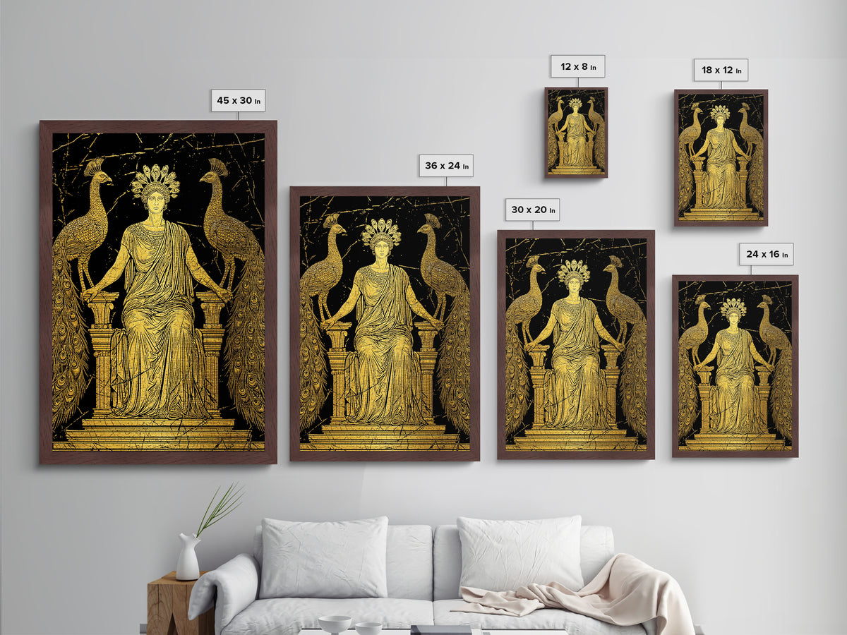 Greek Goddess Hera With Peacocks Metallic Gold Metal Print, Mythology Wall Art, Luxury Wood Framed Art Decor
