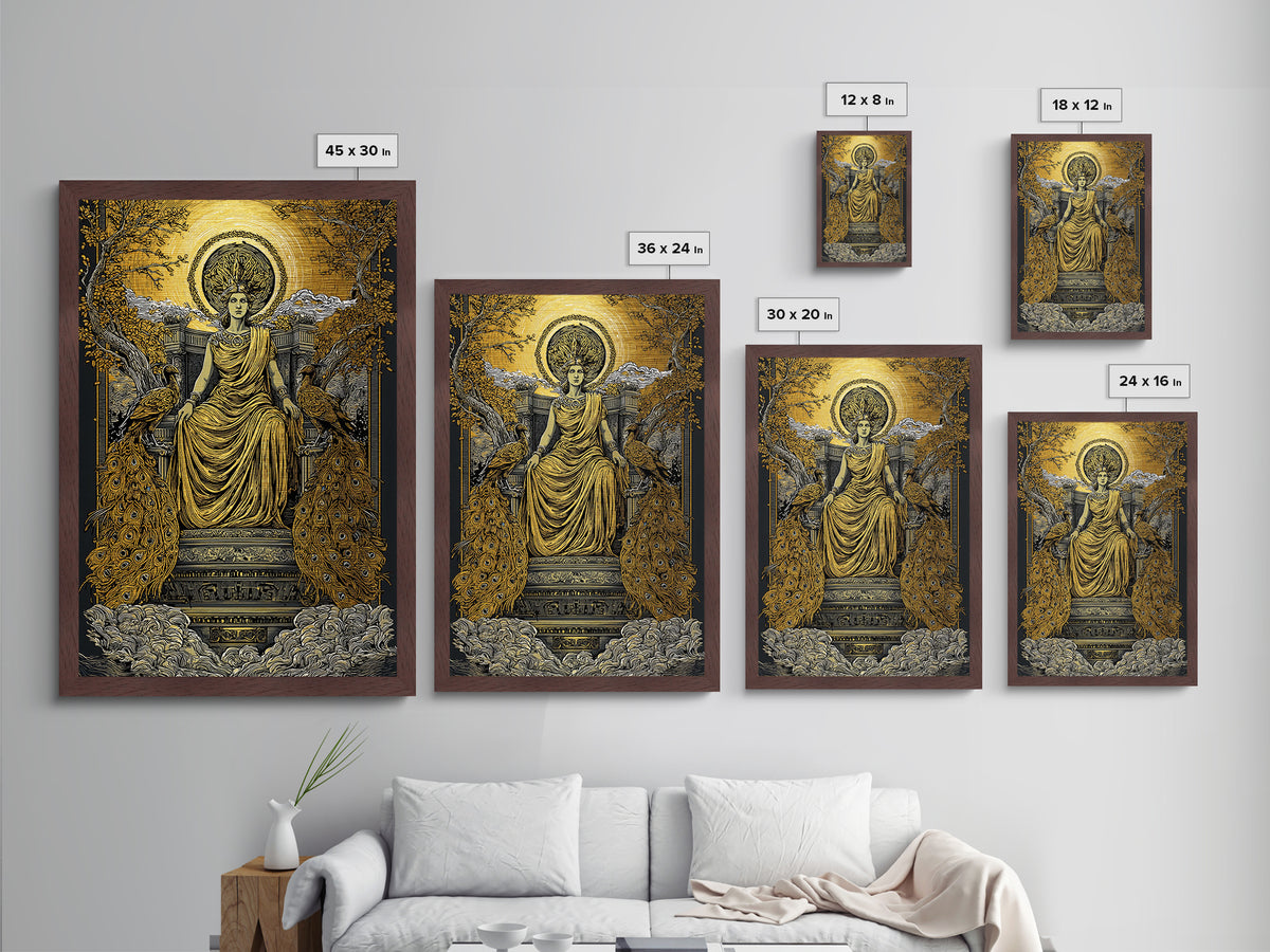 Divine Queen Hera Metallic Gold Metal Print, Greek Goddess Wall Art, Regal Mythology Decor, Real Wood Frame Artwork