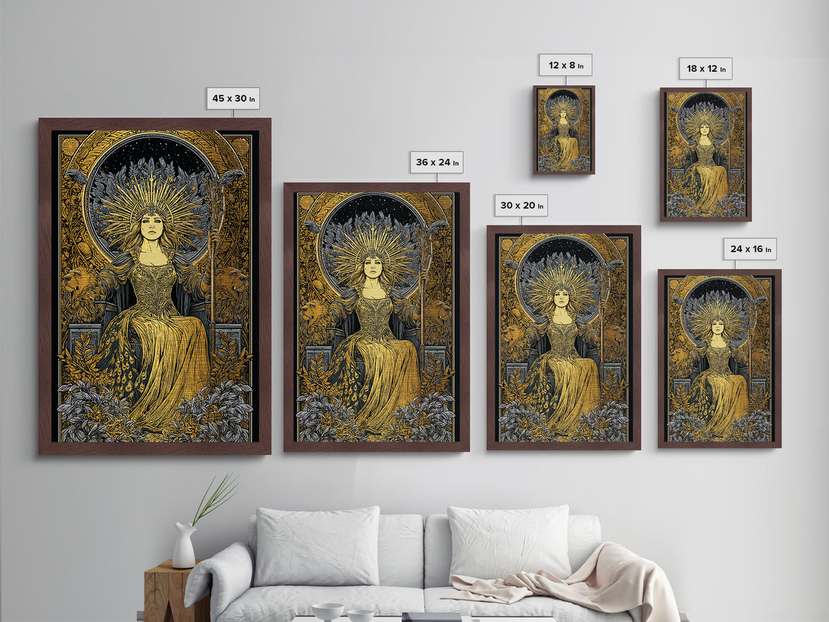 Greek Goddess Hera Throne Metallic Gold Metal Print, Mythology Wall Art, Divine Regal Decor, Real Wood Frame Artwork