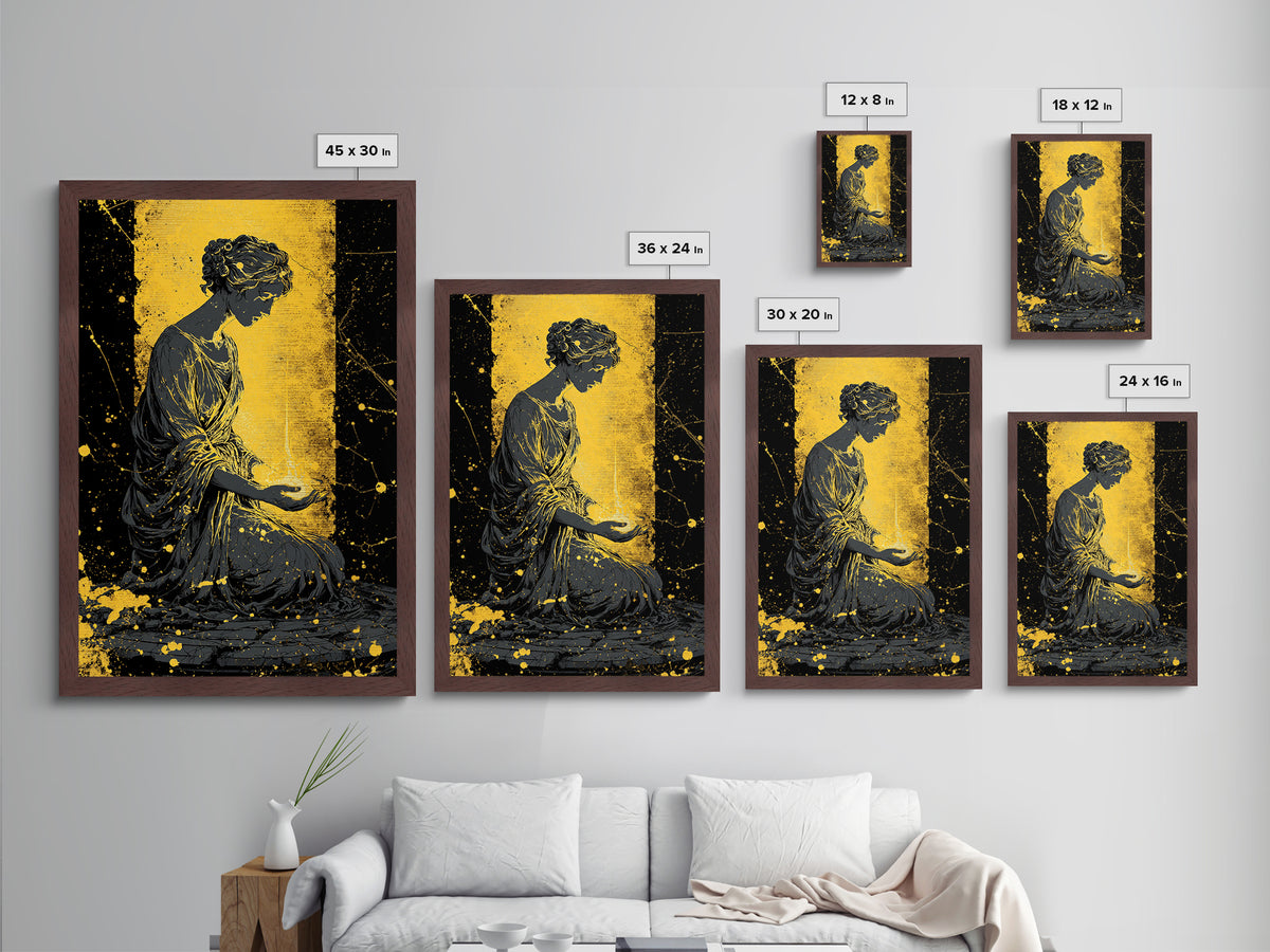 Greek Goddess Hestia With Flame Metallic Gold Metal Print, Ancient Mythology Wall Art, Real Wood Frame Home Decor