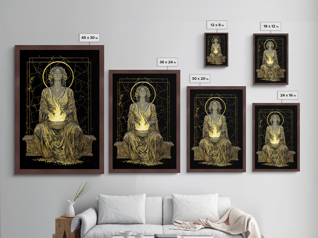 Sacred Flame Hestia Metallic Gold Metal Print, Greek Goddess Wall Art, Ancient Mythology Decor, Luxury Wood Frame Artwork