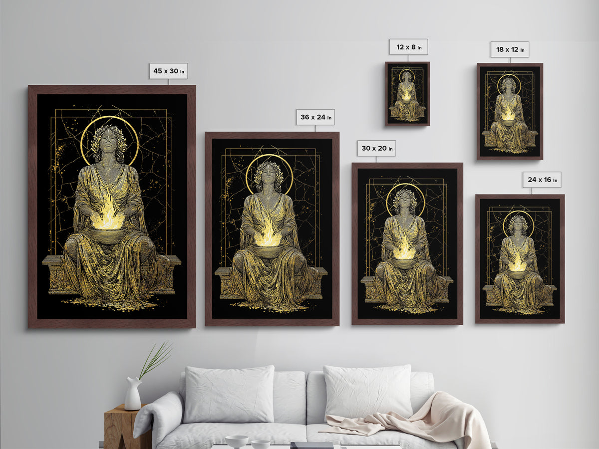 Sacred Flame Hestia Metallic Gold Metal Print, Greek Goddess Wall Art, Ancient Mythology Decor, Luxury Wood Frame Artwork