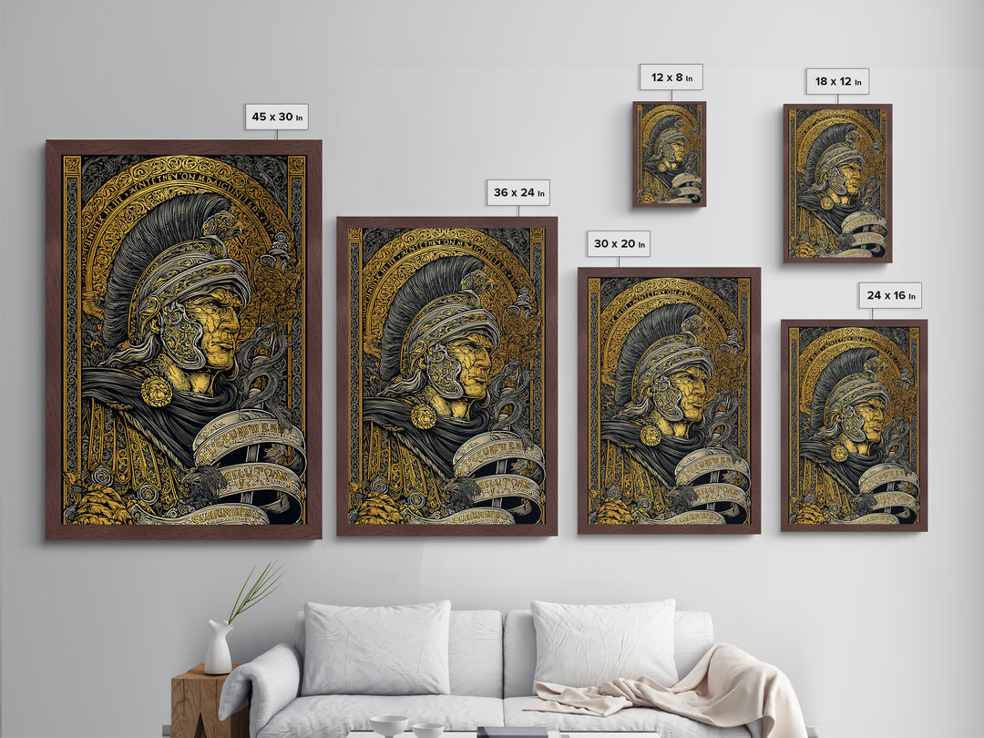 Metallic Gold Metal Print, Warrior Helmet Roman Soldier Art, Ancient Military Wall Decor, Classical Artwork, Real Wood Frame
