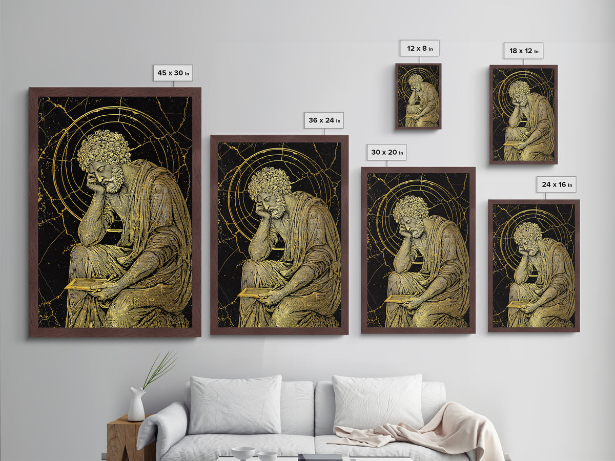 Metallic Gold Metal Print, Stoic Philosopher Sitting Art, Ancient Thinker Wall Decor, Roman Wisdom Artwork, Real Wood Frame