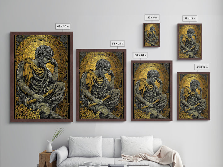 Metallic Gold Metal Print, Greek Philosopher Statue Art, Ancient Wisdom Wall Decor, Classical Thinker Artwork, Real Wood Frame