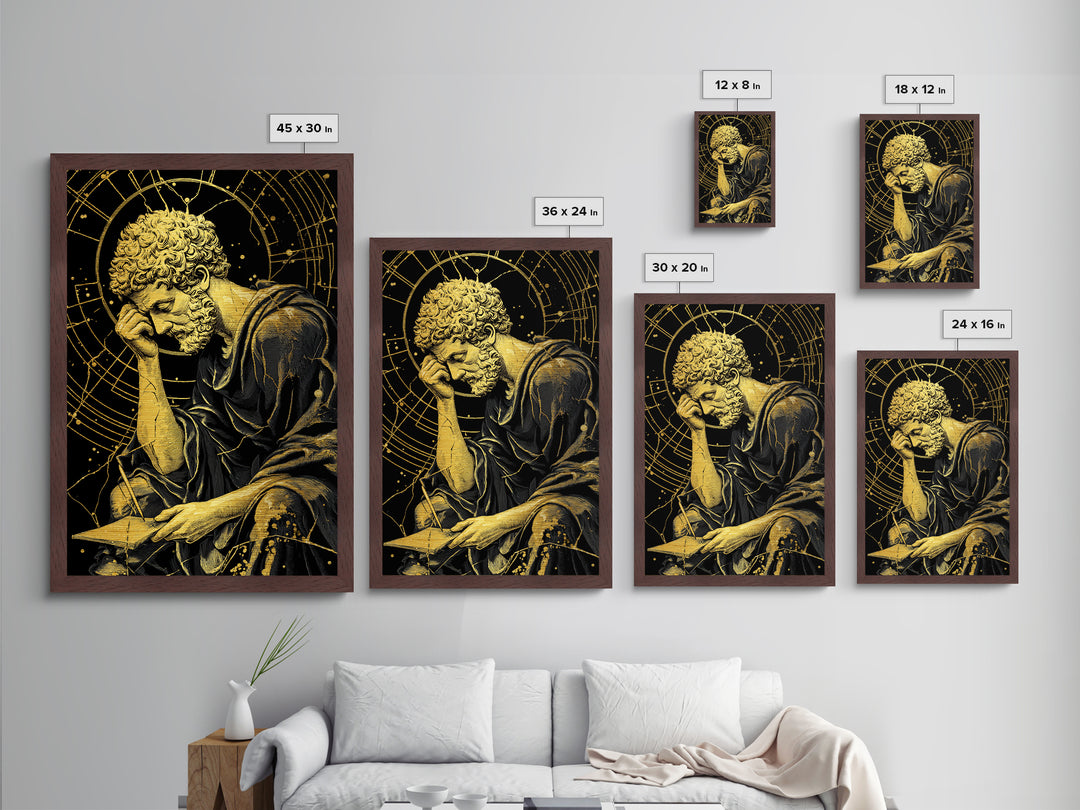 Metallic Gold Metal Print, Pensive Philosopher Study Art, Ancient Scholar Wall Decor, Roman Thinker Artwork, Real Wood Frame