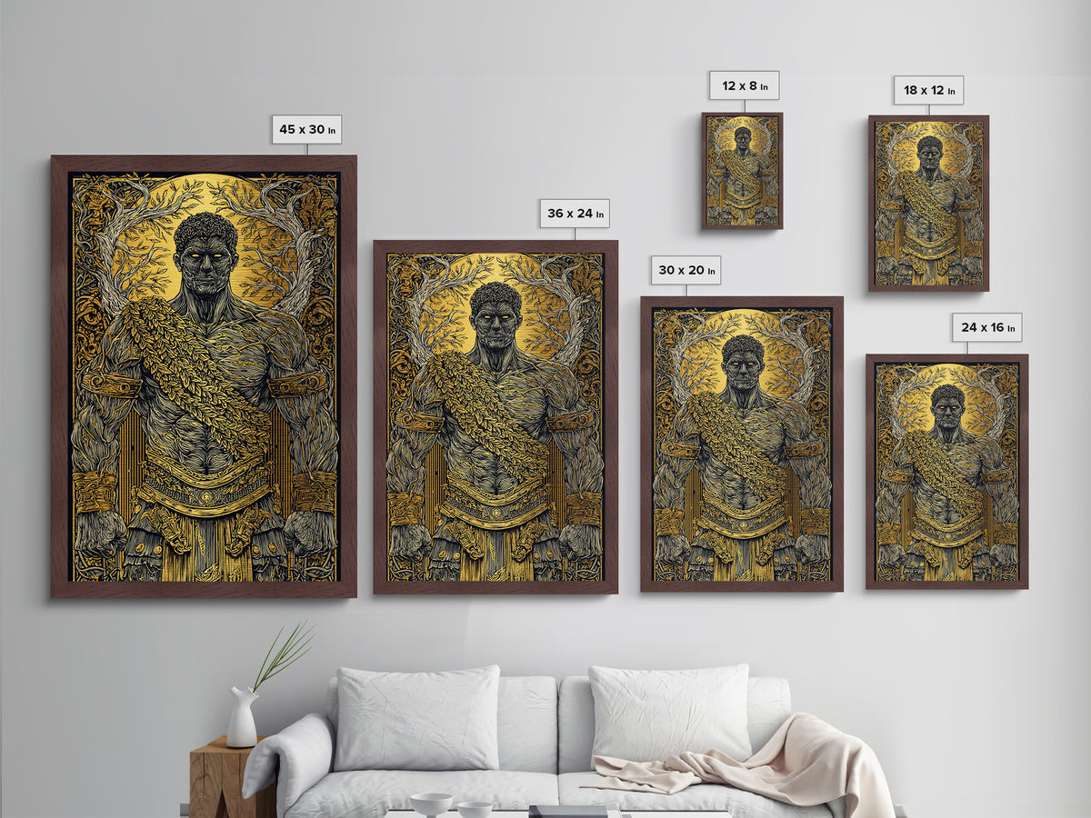 Roman Warrior Metallic Gold Metal Print, Ancient Strength Wall Art, Mythology Inspired Decor, Luxury Home Accent, Real Wood Frame