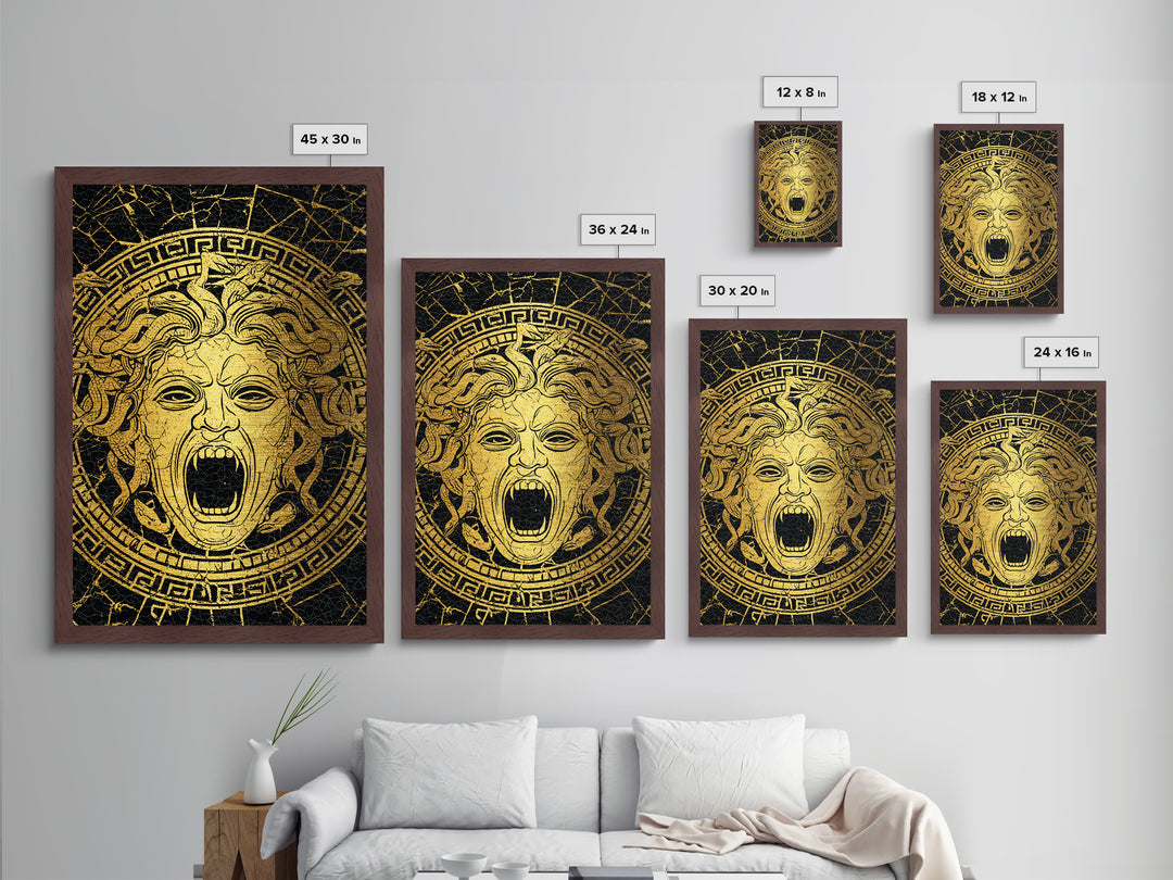 Medusa Head Metallic Gold Metal Print, Mythology Wall Art, Snake Hair Monster Decor, Greek Legend Artwork, Real Wood Frame