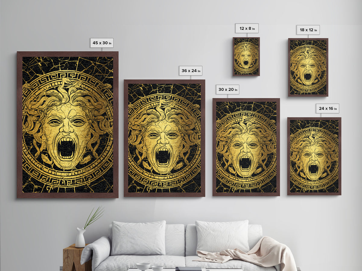 Medusa Head Metallic Gold Metal Print, Mythology Wall Art, Snake Hair Monster Decor, Greek Legend Artwork, Real Wood Frame