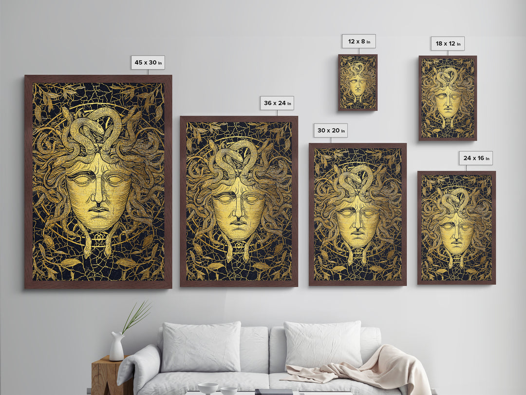 Medusa Head Metallic Gold Art, Mythology Wall Print, Snake Hair Decor, Fierce Ancient Greek Gorgon Artwork, Real Wood Frame