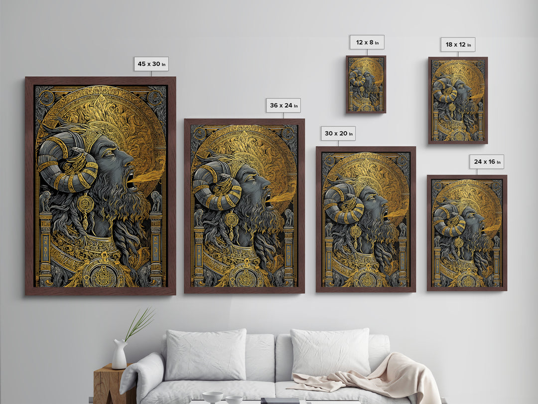 Horned God Metallic Gold Metal Print, Mythology Wall Art, Fire Breathing Deity Decor, Pagan Inspired Spiritual Artwork, Real Wood Frame