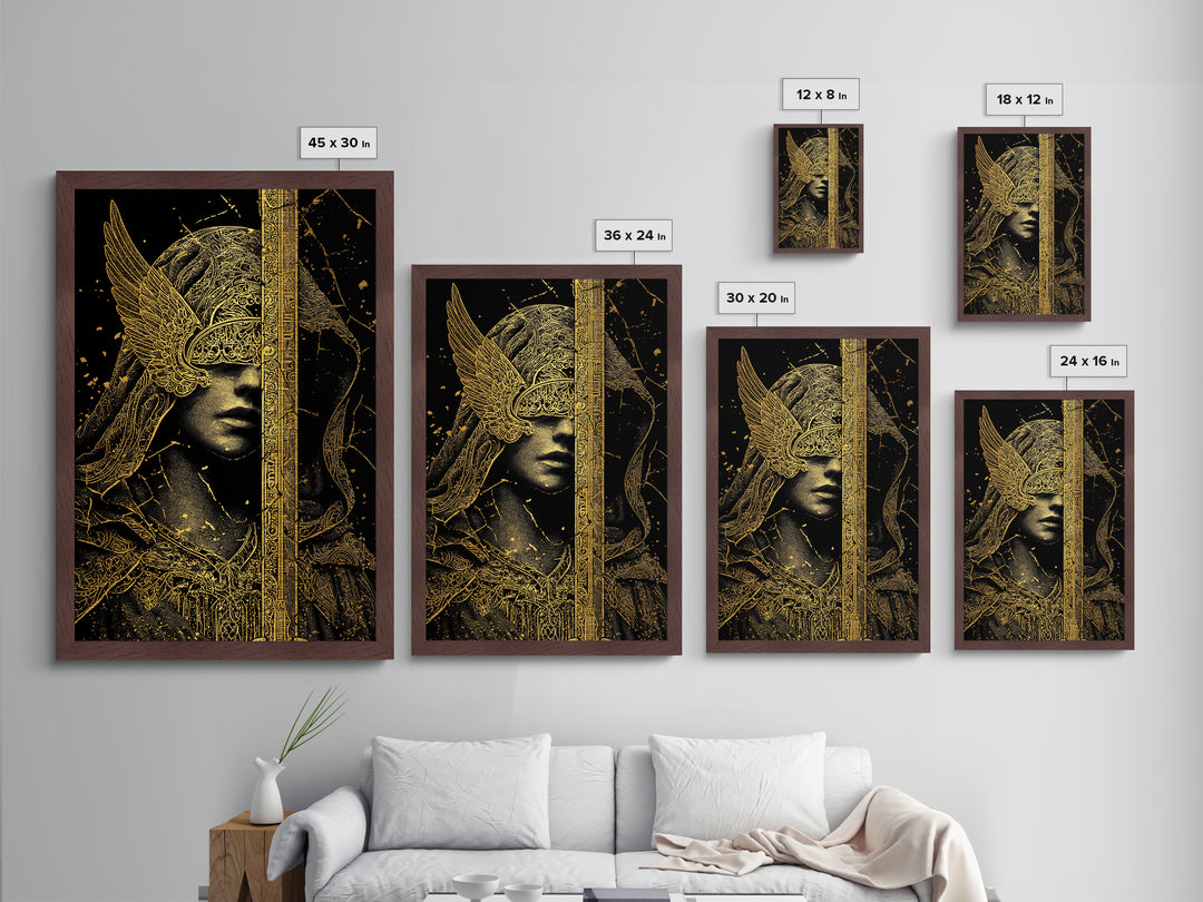 Medusa Mythical Creature Metallic Gold Metal Print, Ancient Serpent Goddess Art, Classical Monster Wall Decor Real Wood Frame
