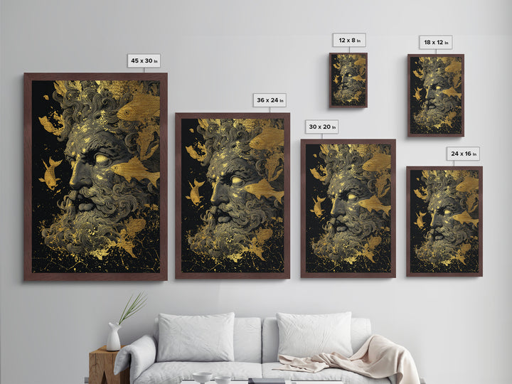 Ocean God Oceanus Metallic Gold Metal Print, Greek Mythology Sea Deity Art, Real Wood Frame, Elegant Nautical Wall Decor