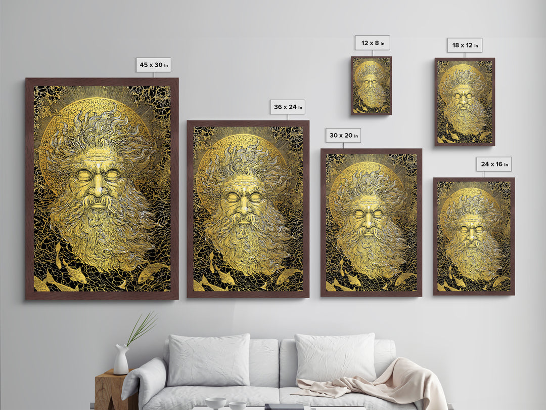 Ancient Sea God Oceanus Metallic Gold Art, Mythological Wall Print, Real Wood Frame, Classical Maritime Inspired Home Decor