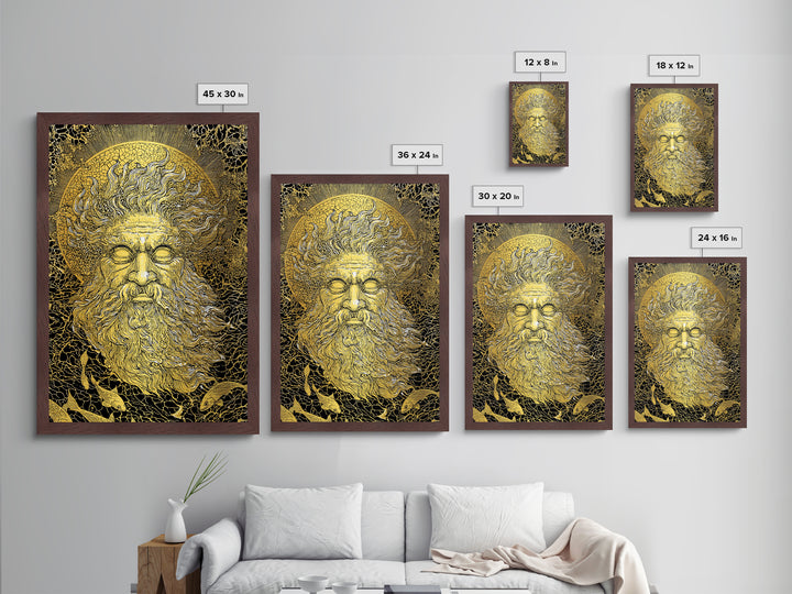 Ancient Sea God Oceanus Metallic Gold Art, Mythological Wall Print, Real Wood Frame, Classical Maritime Inspired Home Decor