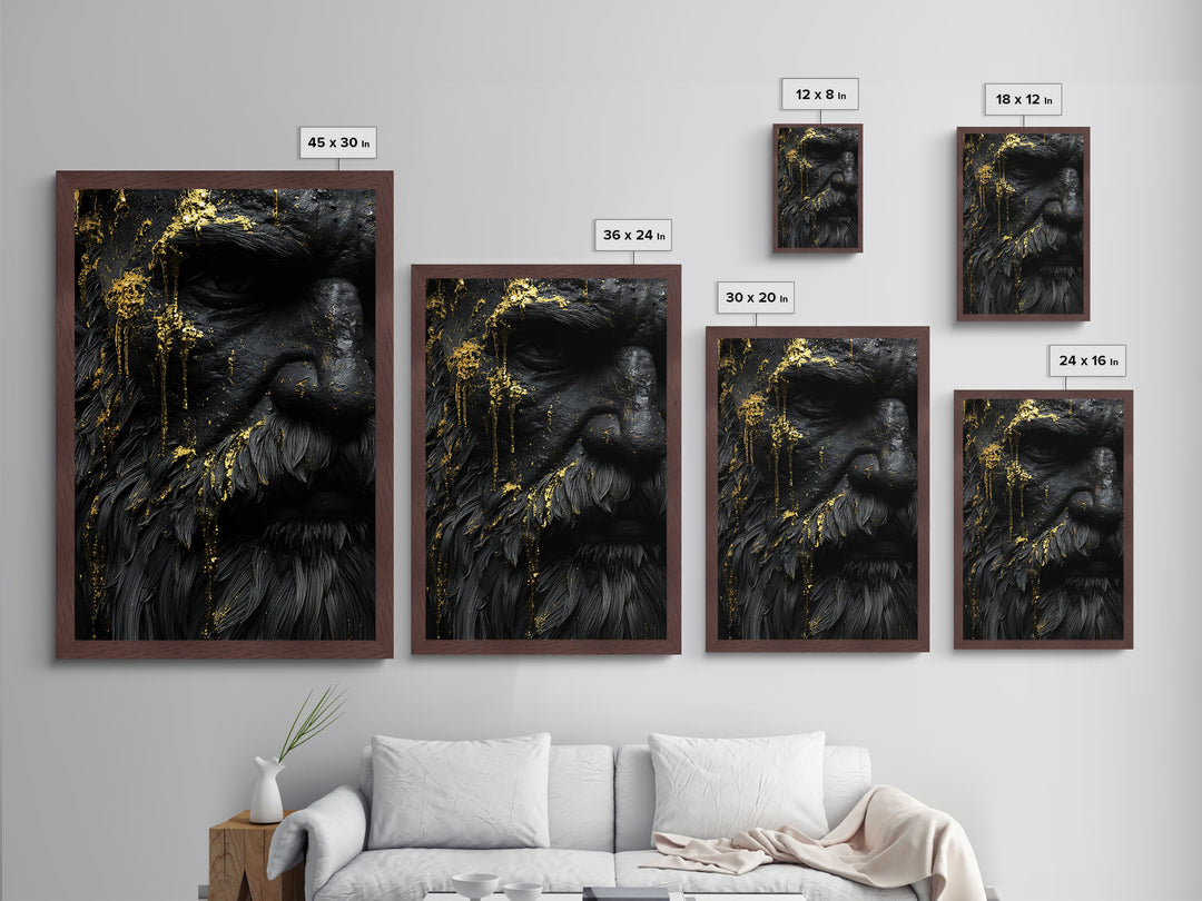 Abstract Mythological Face, Golden Tears Design, Metallic Gold Metal Print, Textured Wall Art, Real Wood Frame, Dramatic Statement
