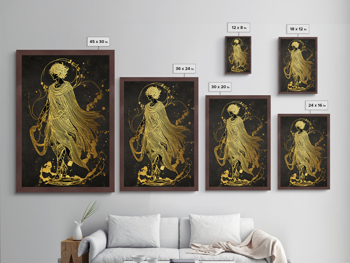 Apollo Figure With Flowing Cloak, Line Art Mythology Design, Metallic Gold Art, Mythical Wall Decor, Real Wood Frame, Elegant Greek
