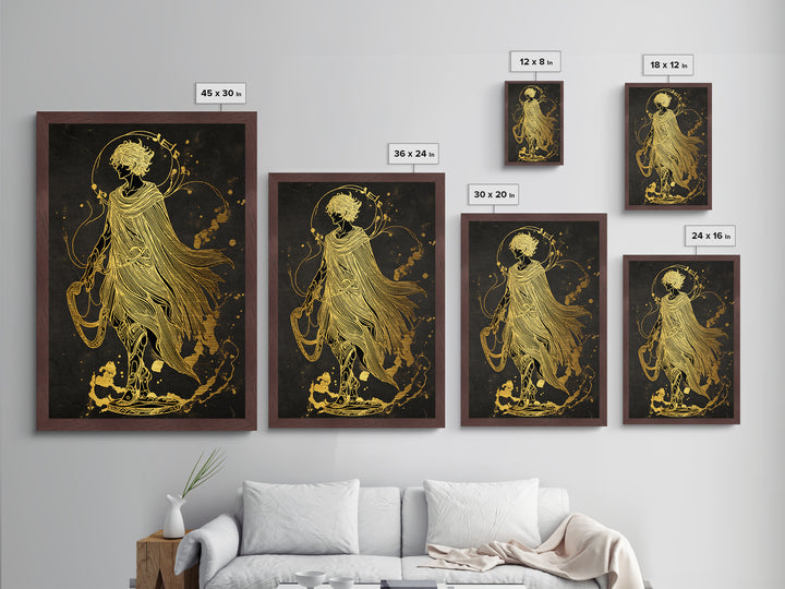 Apollo Figure With Flowing Cloak, Line Art Mythology Design, Metallic Gold Art, Mythical Wall Decor, Real Wood Frame, Elegant Greek